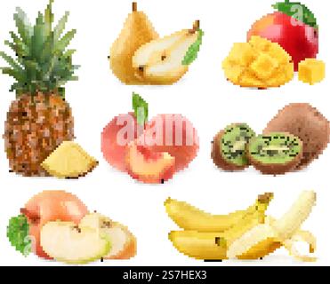 Sweet fruit. Banana, pineapple, apple, mango, kiwi fruit, peach, pear. Whole and pieces. Realistic illustration. 3d vector icons set Stock Vector