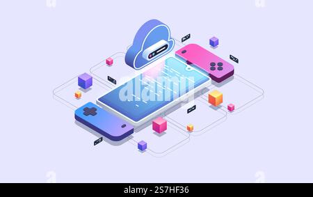 Mobile cloud gaming. Phone games development. Modern isometric illustration. Stock Vector