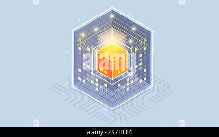 Technology isometric infographic design for quantum computer, artificial intelligence, Concept of big data. Digital information technologies. Stock Vector