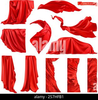 Red curtain vectorized image. Drapery fabric 3d realistic vector set Stock Vector