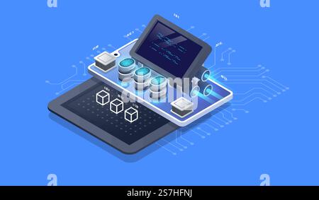 Web engine, programming tools. Software development. Technology visualization. Vector isometric illustration. Stock Vector