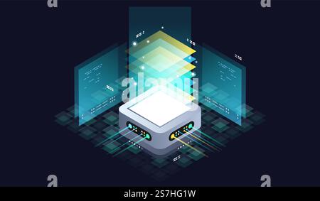 Technology isometric infographic design for quantum computer. Blockchain server concept, server room, database, information storage. Creative isometric concept. Stock Vector