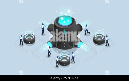 big data processing, data center warehouse, data science, server room. Tech visualization. Modern isometric illustration. Stock Vector