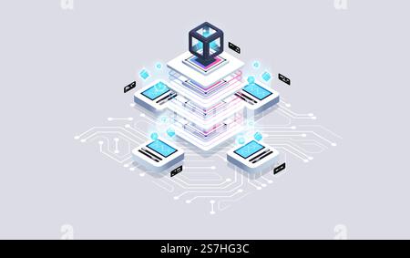Data visualization concept. 3d isometric vector illustration.. Computation of big data center, quantum computer isometric vector technology. Data visualization concept. 3d isometric vector illustration. Stock Vector