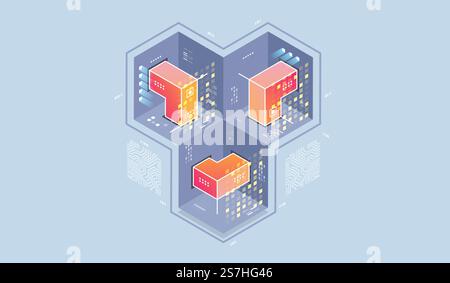 Technology isometric infographic design for quantum computer, artificial intelligence, Concept of big data. Digital information technologies. Stock Vector