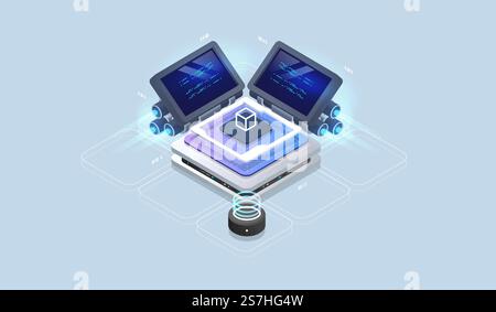 Web engine, programming tools. Software development. Technology visualization. Vector isometric illustration. Stock Vector