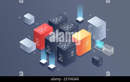 Isometric Digital Technology Web Banner. BIG DATA Machine Learning Algorithms. interacting Data analysis, research, audit, demographics, Artificial Intelligence, isometric visualization concept Stock Vector