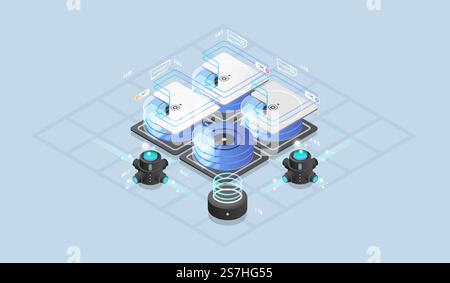 Isometric design concept virtual reality and augmented reality. software development and programming. Computation of big data center, information processing, database. isometric vector technology Stock Vector