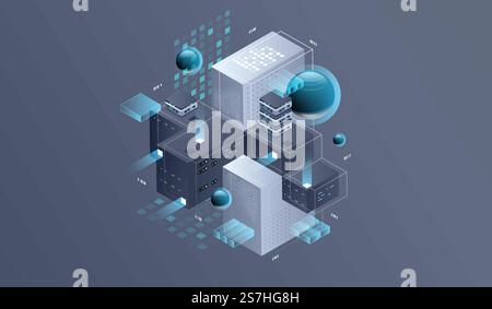 Technology isometric infographic design for quantum computer, artificial intelligence, Concept of big data. Digital information technologies. Stock Vector
