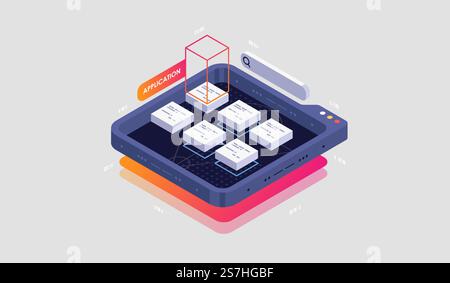 Programming and software development isometric illustration. Artificial intelligence automated process big data processing. Abstract coding development process. Stock Vector