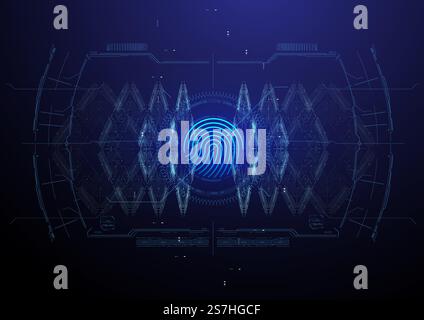 Biometric Identification or Recognition System of Person. Fingerprint scanning. Abstract virtual fingerprint illustration on tech background with HUD elements. Stock Vector