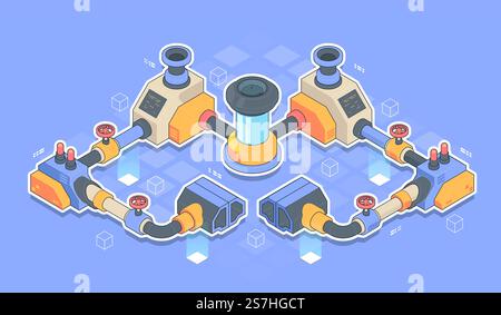 Abstract Industrial manufacturing production line equipment isometric illustration. Fantastic steampunk industrial machine of intricate design. Stock Vector