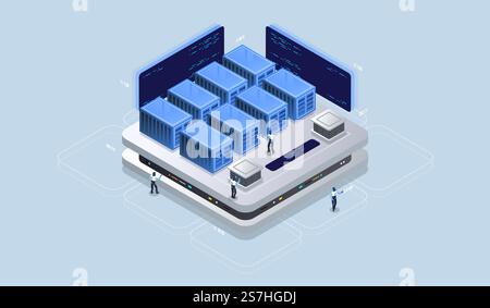 Isometric design concept virtual reality and augmented reality. software development and programming. Computation of big data center, information processing, database. isometric vector technology Stock Vector