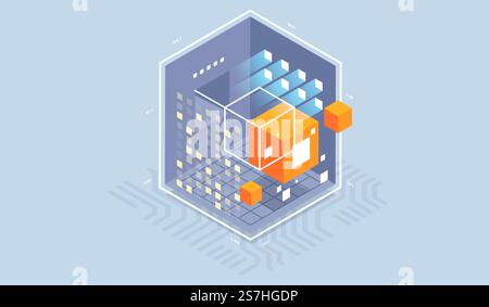 Technology isometric infographic design for quantum computer, artificial intelligence, Concept of big data. Digital information technologies. Stock Vector