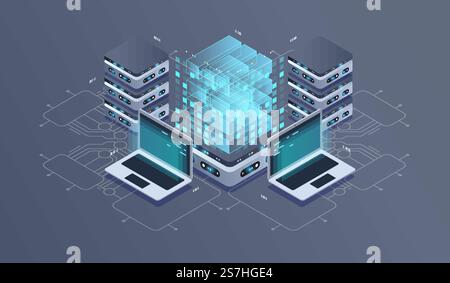 Technology isometric infographic design for quantum computer. Blockchain server concept, server room, database, information storage. Creative isometric concept. Stock Vector
