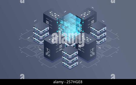 Technology isometric infographic design for quantum computer. Blockchain server concept, server room, database, information storage. Creative isometric concept. Stock Vector