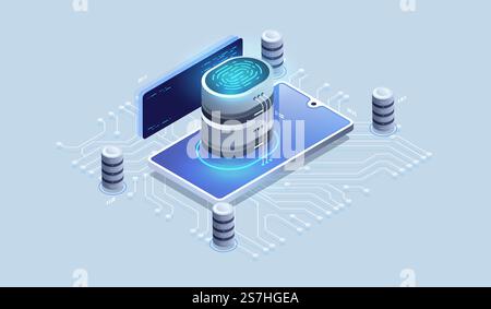 Digital security access with biometrics data. Touch biometrics technology vector illustration of digital fingerprint recognition for personal identity. Stock Vector