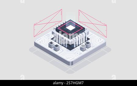 Technology isometric infographic design for quantum computer, artificial intelligence, Concept of big data. Digital information technologies. Stock Vector