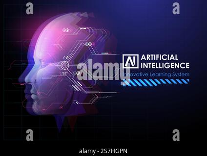 Robot or human Head enhancement. Machine learning and cyber mind domination concept. AI with Digital Face is learning processing big data, analysis information. Stock Vector