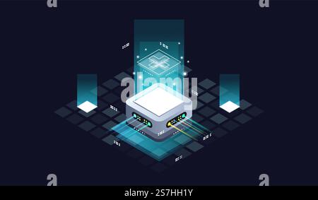 Technology isometric infographic design for quantum computer. Blockchain server concept, server room, database, information storage. Creative isometric concept. Stock Vector