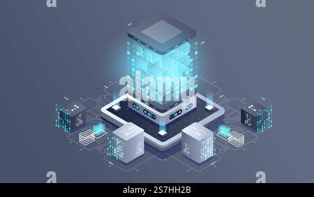 Technology isometric infographic design for quantum computer. Blockchain server concept, server room, database, information storage. Creative isometric concept. Stock Vector