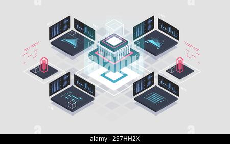 Programming and software development isometric illustration. Artificial intelligence automated process big data processing. Abstract coding development process. Stock Vector