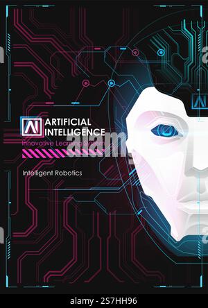 Robot or human Head enhancement. Machine learning and cyber mind domination concept. AI with Digital Face is learning processing big data, analysis information. Stock Vector