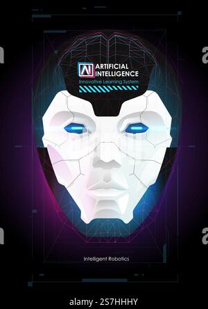 Robot or human Head enhancement. Machine learning and cyber mind domination concept. AI with Digital Face is learning processing big data, analysis information. Stock Vector