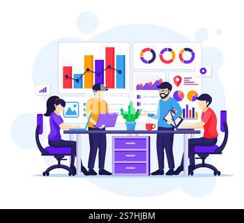 Business Analysis concept, People sitting on desk work with charts and graphic data visualization flat vector illustration Stock Vector