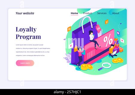Isometric landing page design concept of Loyalty marketing program with character, Discount and loyalty card, rewards card points and bonuses. vector illustration Stock Vector