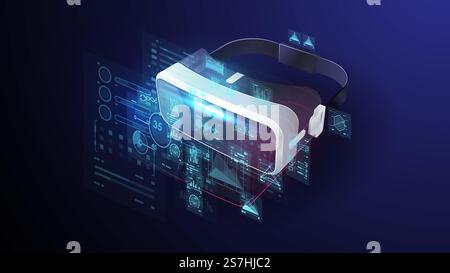 VR devices, virtual glasses and controllers, virtual reality goggles, joystick, tools for playing electronic video games in digital cyber space. Futuristic poster.. VR devices, virtual glasses, virtual reality goggles, device for playing electronic video games in digital cyber space. Futuristic poster with HUD elements. Stock Vector