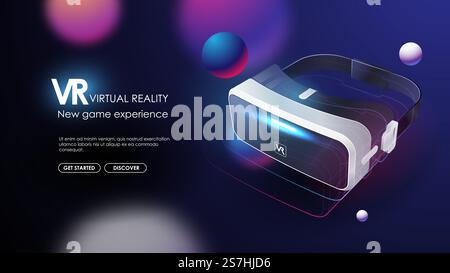 VR devices, virtual glasses, virtual reality goggles, device for playing electronic video games in digital cyber space. Futuristic poster. Stock Vector