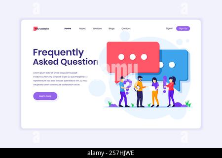 Landing page design concept of Frequently Asked Question or FAQ concept, people with near big exclamation and question mark symbol. Flat vector illustration Stock Vector