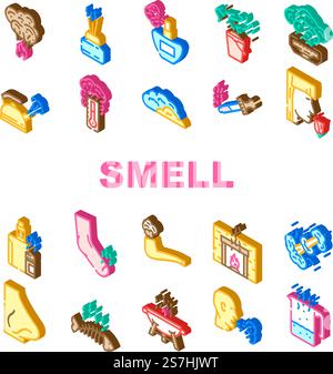 smell nose aroma odor icons set vector. sense gas, air line, smoke cloud, fragrance fresh, bad loss, anosmia fart, woman smell nose aroma odor glyph pictogram Illustrations. smell nose aroma odor icons set vector Stock Vector