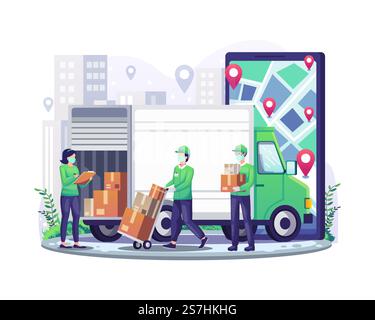 Online delivery service with courier wearing mask and giant smartphone and truck delivery van flat vector illustration Stock Vector