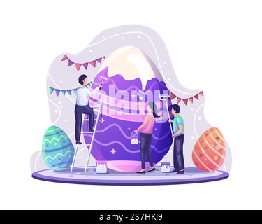 People celebrate Easter day by decorating and painting giant easter eggs. vector illustration Stock Vector