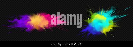 Color powder explosions isolated on transparent background. Splash of paint dust with particles. Vector realistic set of burst effect of colorful powder clouds. Vector realistic color powder explosion Stock Vector