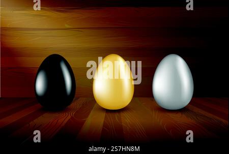 Gold, silver and black eggs collection on wooden background. Set of Easter eggs in wood show room, investment concept. Realistic vector 3d illustration. Gold, Black and Silver Eggs Collection on Wooden Background Stock Vector