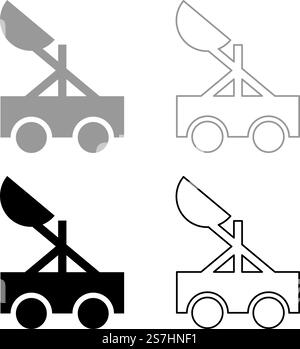 Catapult medieval siege ejection seat set icon grey black color vector illustration image simple solid fill outline contour line thin flat style. Catapult medieval siege ejection seat set icon grey black color vector illustration image solid fill outline contour line thin flat style Stock Vector