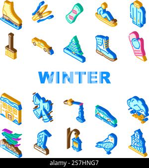 winter snow season blue icons set vector. cold landscape, holiday snowflake, sky ice, forest nature, card banner, tree scene winter snow season blue isometric sign illustrations. winter snow season blue icons set vector Stock Vector