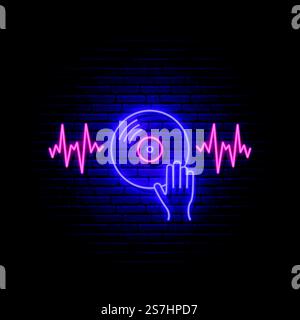 Neon vinyl sign. Glowing illustration with sound waves DJ hand on vinyl sound mixer. Dj music emblem. Vector illustration. Stock Vector