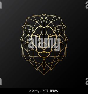 Vector Lion head illustration in polygonal style. Golden geometric Lion silhouette on black background. Vector mascot. Stock Vector
