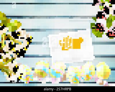 Easter eggs, greeting card and cherries blossom on a old wooden background. EPS 10 vector file included. Greeting card and cherries blossom. EPS 10 Stock Vector