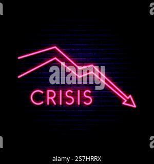 Red arrow neon sign. Simple economic crisis design in neon style. Bankruptcy or career failure concept vector illustration. Stock Vector