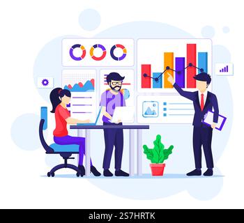 Business Analysis concept, People on meeting and work with charts and graphic data visualization vector illustration Stock Vector
