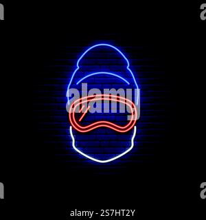 Snowboarder neon sign. Man in ski goggles, mask and winter hat. Winter sports icon. Stock vector illustration. Stock Vector