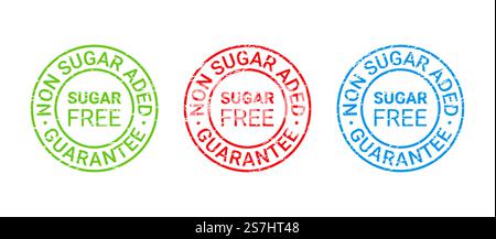 Sugar free grunge stamp, icon. No sugar added label. Diabetic round emblem. Sticker for package product. Sugar free stamp. Non sugar added icon. Vector illustration. Stock Vector