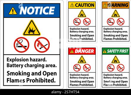 Danger Sign Explosion Hazard, Battery Charging Area, Smoking And Open Flames Prohibited Stock Vector