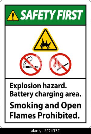Safety First Sign Explosion Hazard, Battery Charging Area, Smoking And Open Flames Prohibited Stock Vector