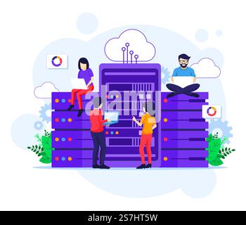 Data Center Services concept, People using laptops managing files data in front of giant servers flat vector illustration Stock Vector
